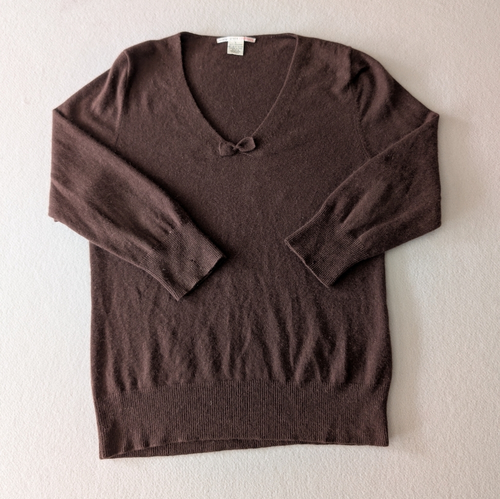 100% Cashmere Brown V-Neck Sweater Bow Accent Sz L Academia Vintage Inspired - Picture 4 of 11